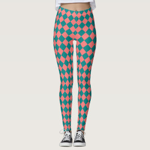 Pink Cyan Chequered Diamond Pattern Leggings