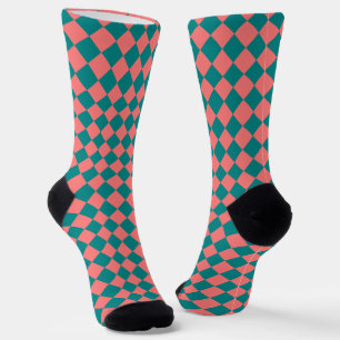 Pink Cyan Chequered Diamond Pattern Socks