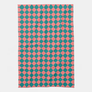 Pink Cyan Chequered Diamond Pattern Tea Towel