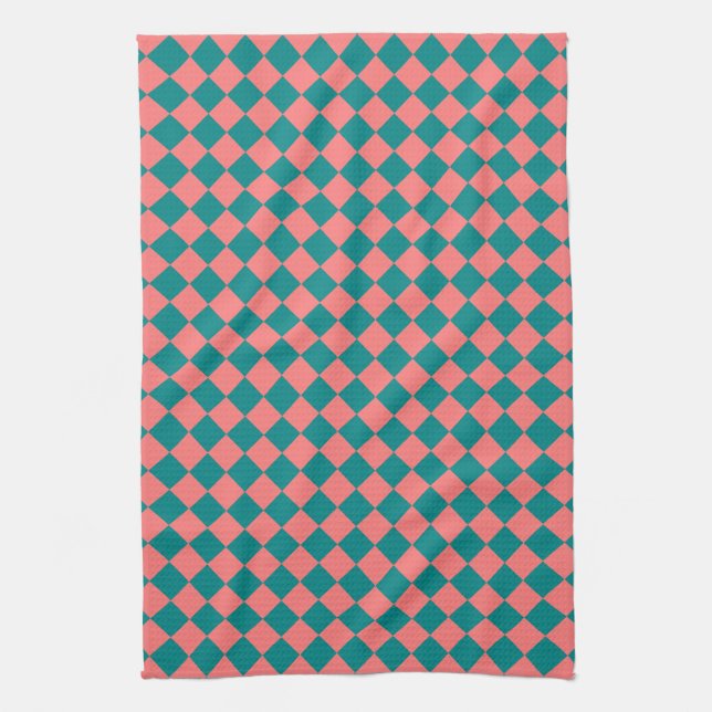 Pink Cyan Chequered Diamond Pattern Tea Towel (Vertical)