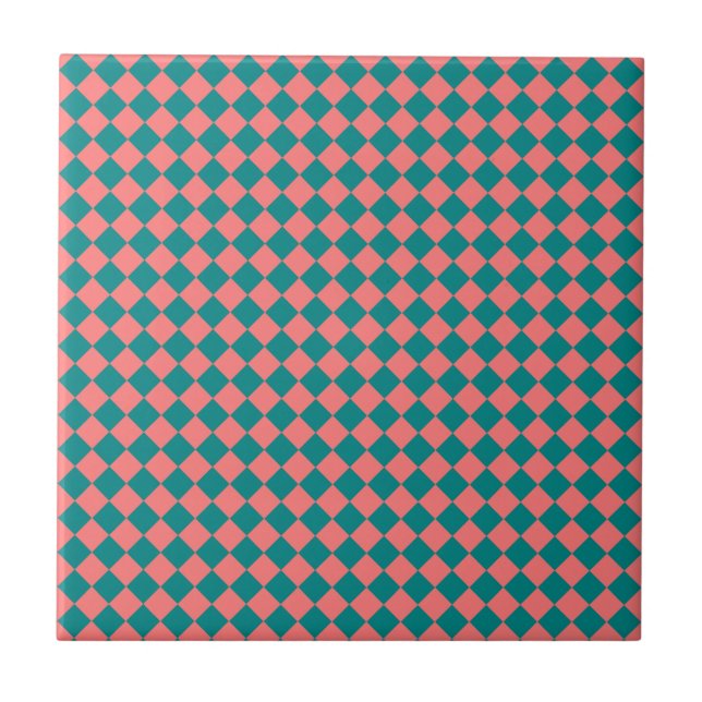 Pink Cyan Chequered Diamond Pattern Tile (Front)