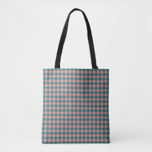 Pink Cyan Chequered Diamond Pattern Tote Bag