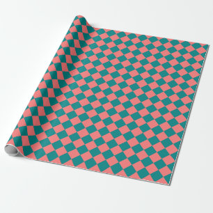 Pink Cyan Chequered Diamond Pattern Wrapping Paper