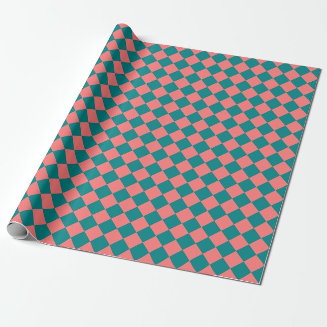 Pink Cyan Chequered Diamond Pattern Wrapping Paper (Unrolled)