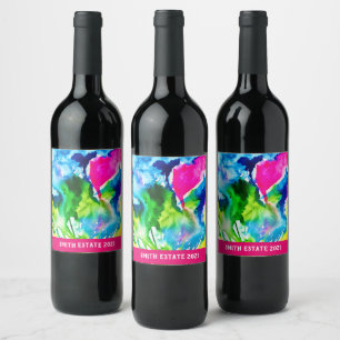 Pink Cyclamen flower abstract watercolor Wine Label