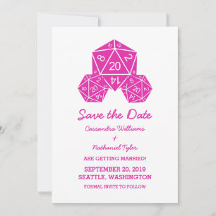 Pink D20 Dice Save the Date Invite