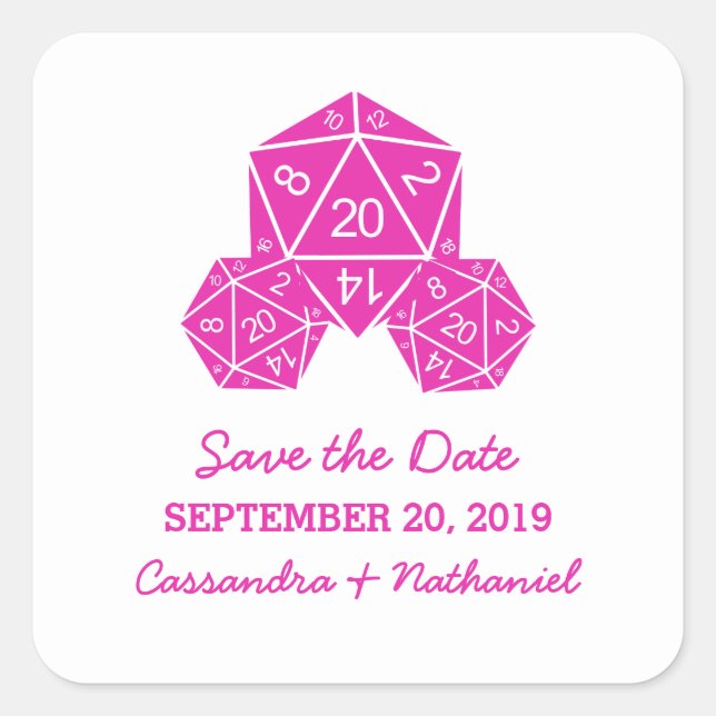 Pink D20 Dice Save the Date Stickers (Front)