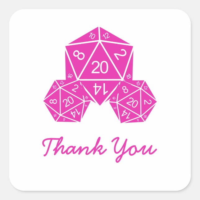 Pink D20 Dice Thank You Stickers (Front)