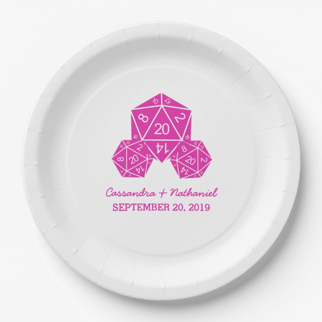 Pink D20 Dice Wedding Paper Plates (Front)