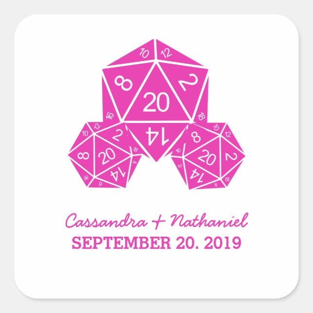 Pink D20 Dice Wedding Stickers (Front)