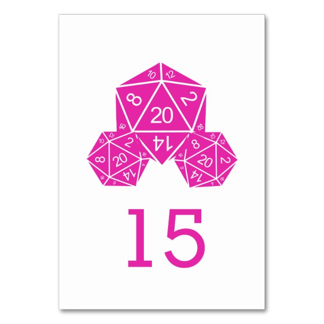 Pink D20 Dice Wedding Table Card (Front)