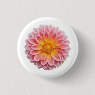 Pink Dahlia and Dew Drops 3 Cm Round Badge