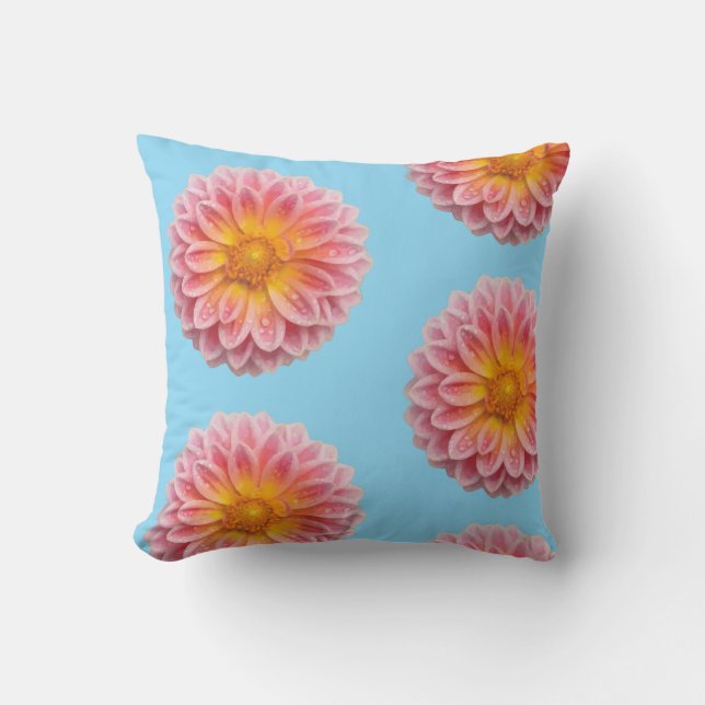 Pink Dahlia and Dew Drops Cushion (Front)
