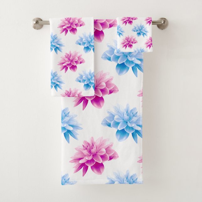 Pink Dahlia, Blue Dahla, Floral Pattern, Flowers Bath Towel Set (Insitu)