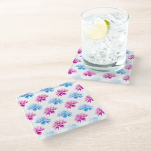 Pink Dahlia, Blue Dahla, Floral Pattern, Flowers Glass Coaster