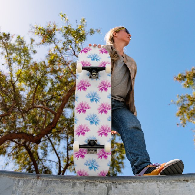 Pink Dahlia, Blue Dahla, Floral Pattern, Flowers Skateboard (Outdoor 1)
