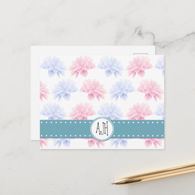 Pink Dahlia, Blue Dahlia, Flowers, Monogram Postcard (Front/Back In Situ)