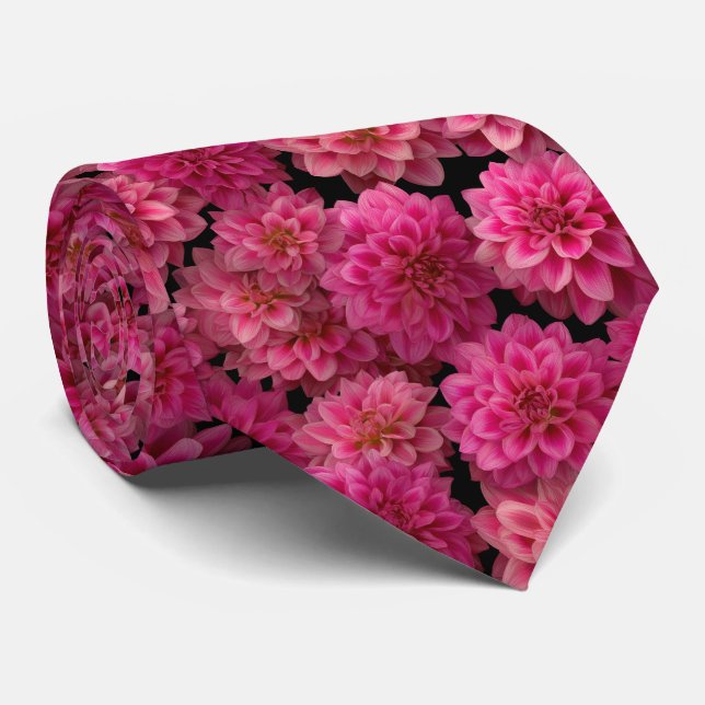 Pink Dahlia Floral Pattern Tie (Rolled)