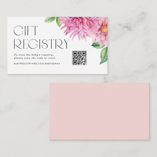 Pink Dahlia Floral QR Code Baby Shower Registry Enclosure Card (Front/Back)