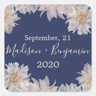 Pink Dahlia Flower Dark Blue Wedding Date Square Sticker