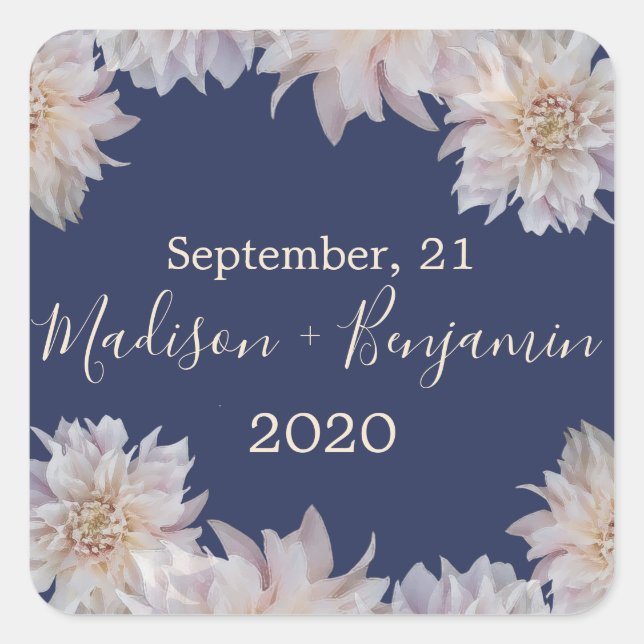Pink Dahlia Flower Dark Blue Wedding Date Square Sticker (Front)