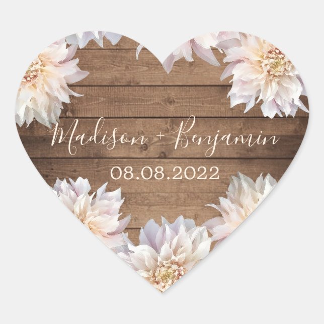 Pink Dahlia Flower Rustic Wood Wedding Date Heart  Heart Sticker (Front)