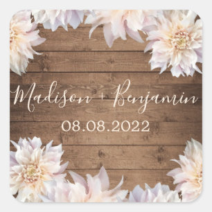 Pink Dahlia Flower Rustic Wood Wedding Date Square Sticker