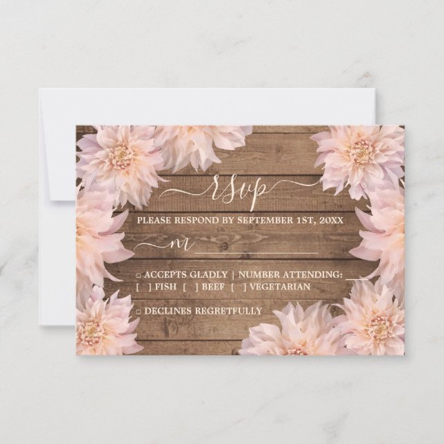 Pink Dahlia Flower Rustic Wood Wedding RSVP Card (Front)
