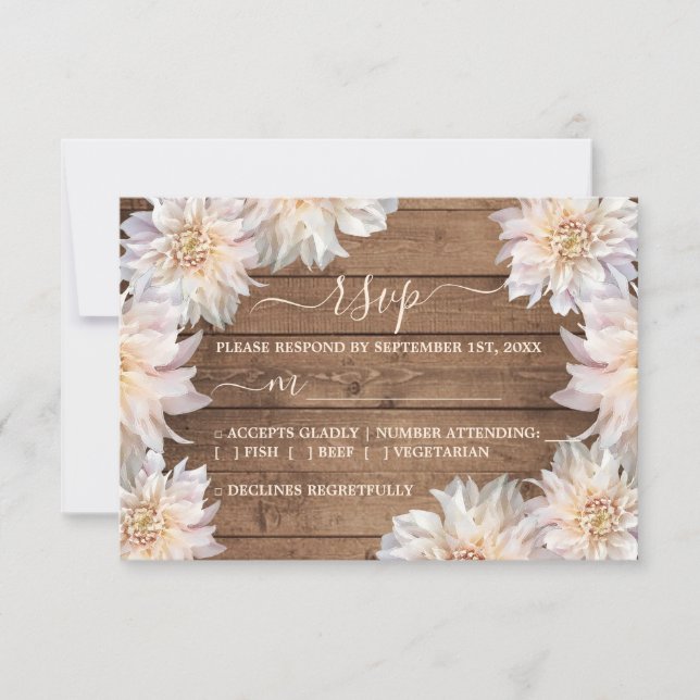 Pink Dahlia Flower Rustic Wood Wedding RSVP Card (Front)