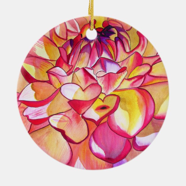 Pink Dahlia flower watercolour fine art Ceramic Tree Decoration (Back)