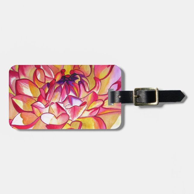 Pink Dahlia flower watercolour fine art Luggage Tag (Front Horizontal)