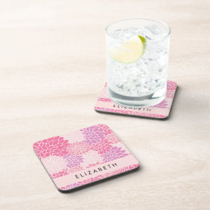 Pink Dahlia Flowers, Pattern Of Flowers, Your Name Coaster