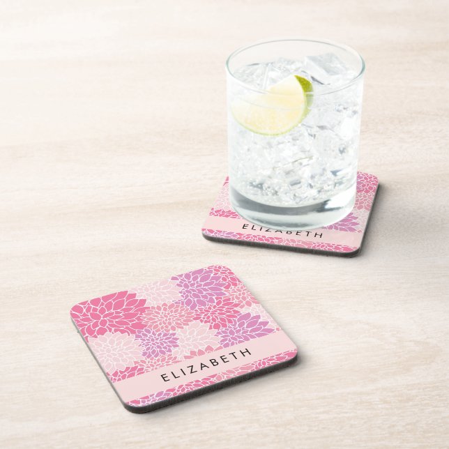 Pink Dahlia Flowers, Pattern Of Flowers, Your Name Coaster (Right Side)