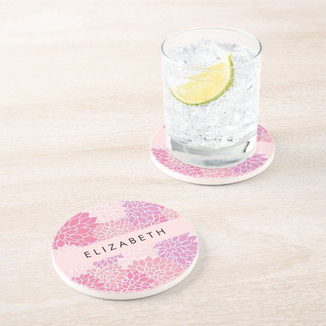 Pink Dahlia Flowers, Pattern Of Flowers, Your Name Coaster (Side)