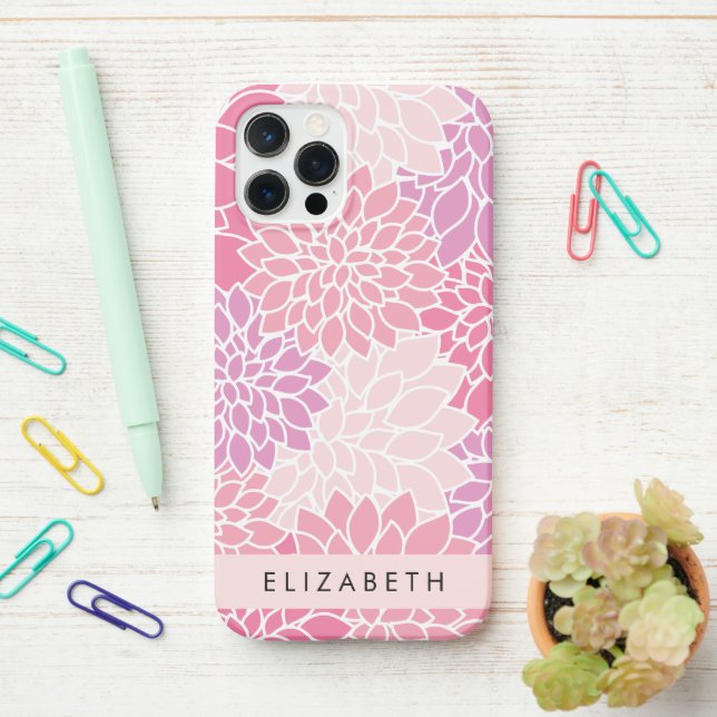 Pink Dahlia Flowers, Pattern Of Flowers, Your Name iPhone Case (On Desk)