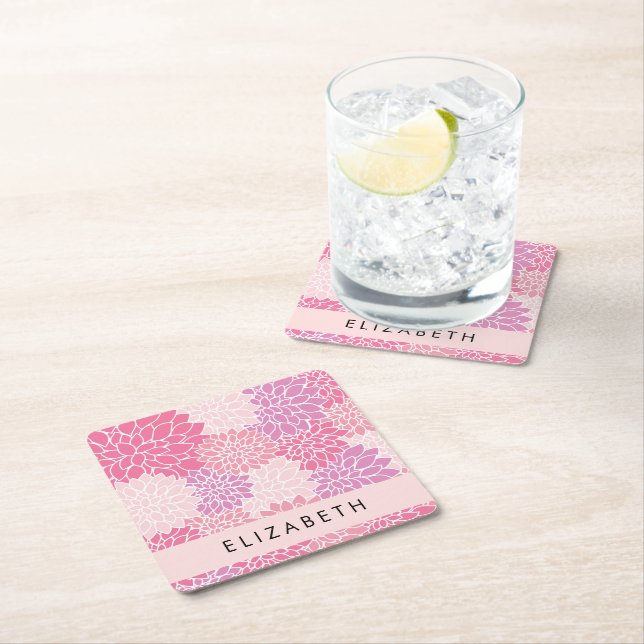 Pink Dahlia Flowers, Pattern Of Flowers, Your Name Square Paper Coaster (Insitu)