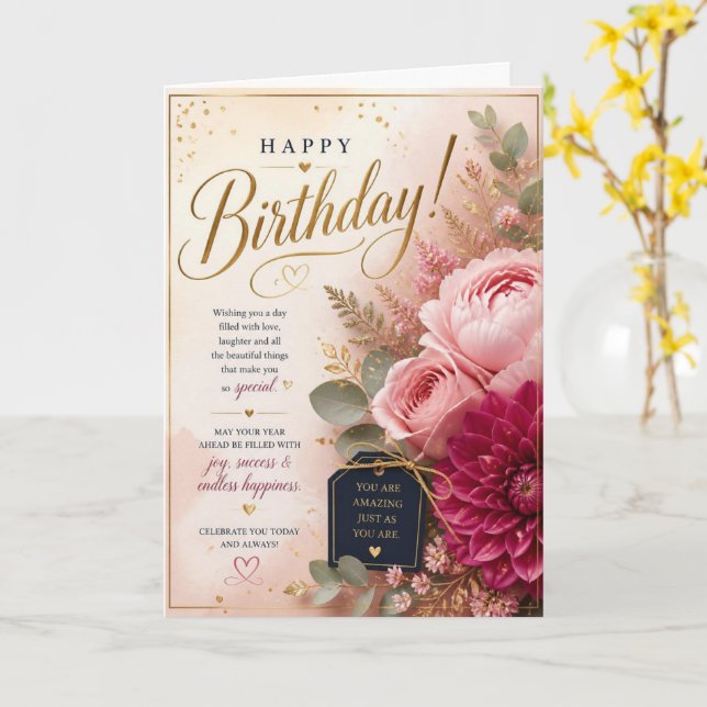 Pink Dahlia Rose Birthday Card (Yellow Flower)