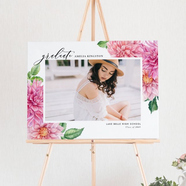 Pink Dahlia Watercolor Botanical Graduation Photo Poster (Congrats to the grad! Botanical photo graduation sign featuring watercolor pink dahlias flowers.)