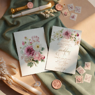 Pink Dahlia Wildflowers Gold Text Wedding   Invitation