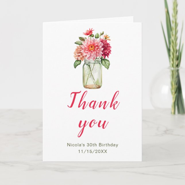 Pink Dahlias Mason Jar Birthday Party Thank You Card (Front)