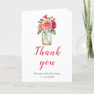 Pink Dahlias Mason Jar Birthday Party Thank You Card