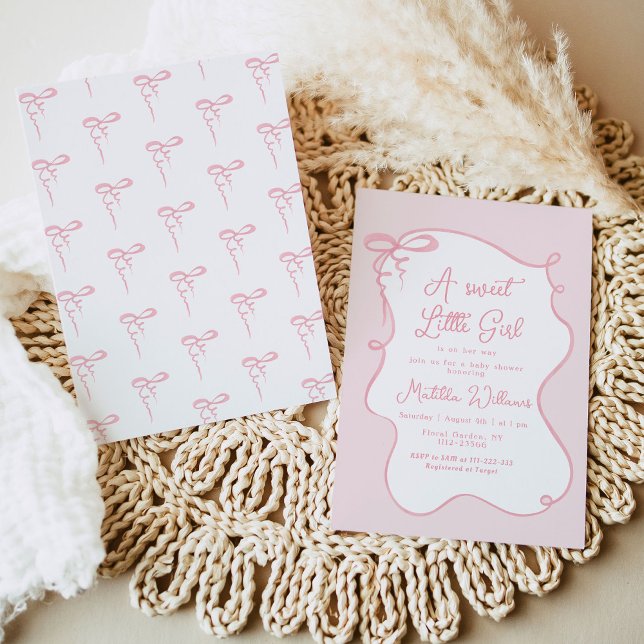 Pink dainty bow wavy frame girl baby shower invitation (Creator Uploaded)