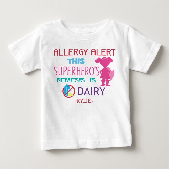 Pink Dairy Allergy Alert Superhero Girls Baby T-Shirt (Front)