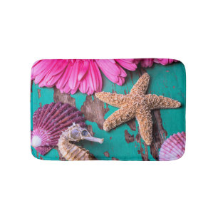 Pink Daises And Seahorse With Starfish Bath Mat
