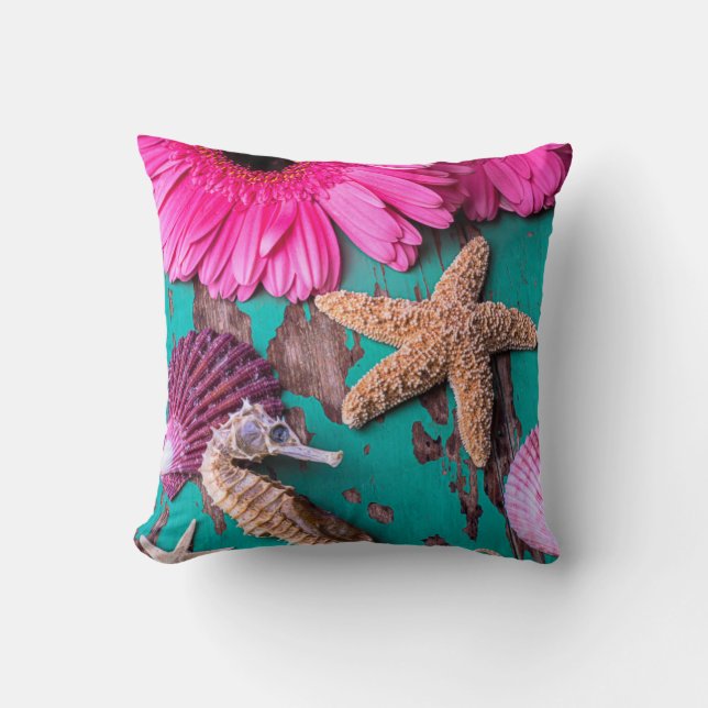 Pink Daises And Seahorse With Starfish Cushion (Front)