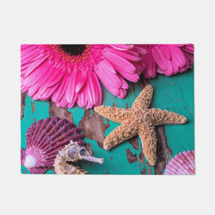 Pink Daises And Seahorse With Starfish Doormat