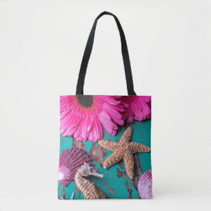 Pink Daises And Seahorse With Starfish Tote Bag