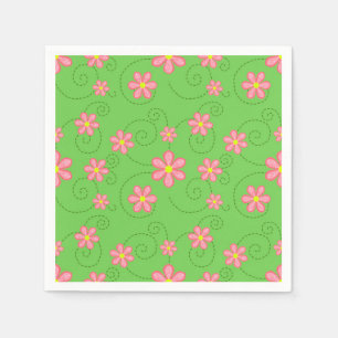 Pink Daisies and Bug Trails On Bright Green Napkin