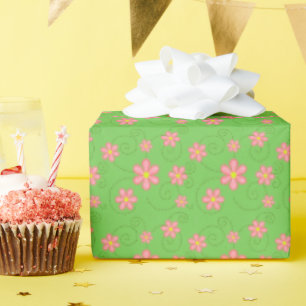 Pink Daisies and Bug Trails On Bright Green Wrapping Paper