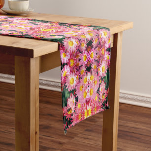 Pink Daisies And Bumble Bee Floral Art Pattern Short Table Runner